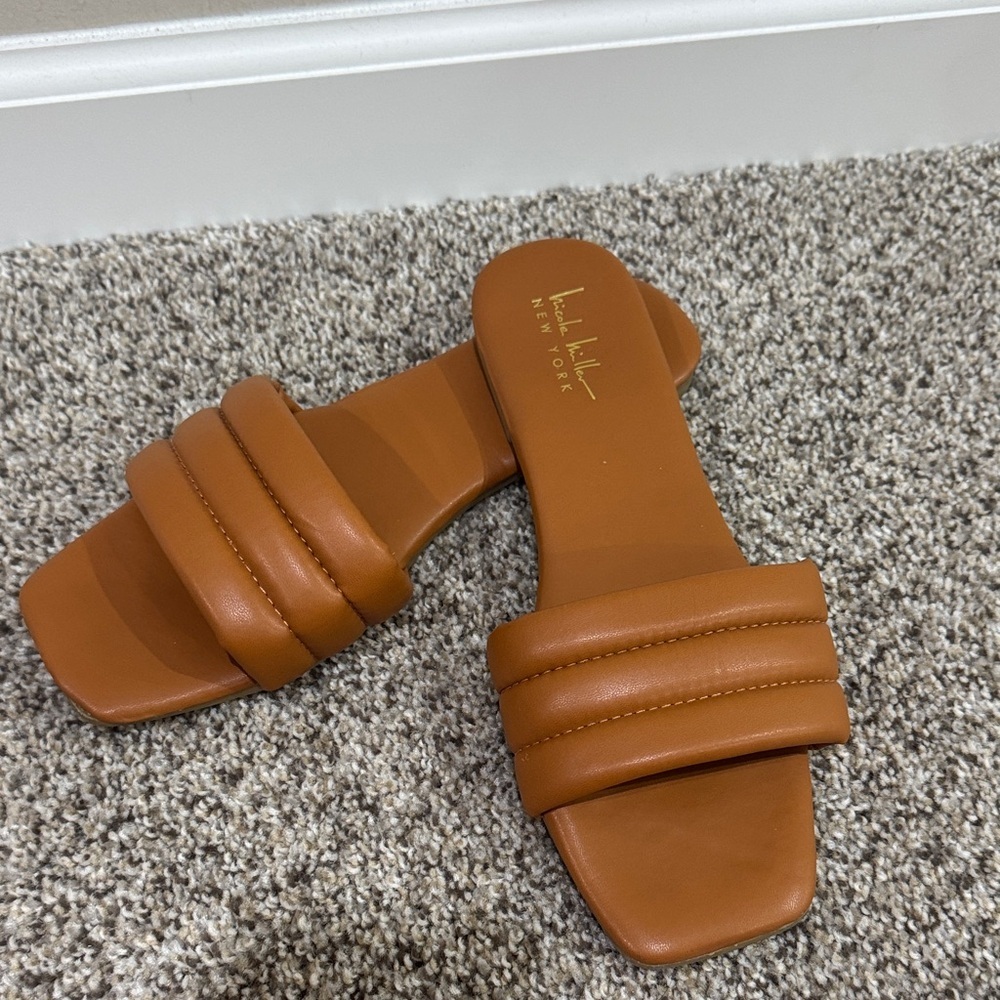 Nicole Miller Cognac Padded Double-Strap Slide Sandals
